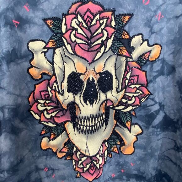 Black Label Affliction Goth Skull Rhinestone Full Print All Over Top Size Small - Picture 2 of 6